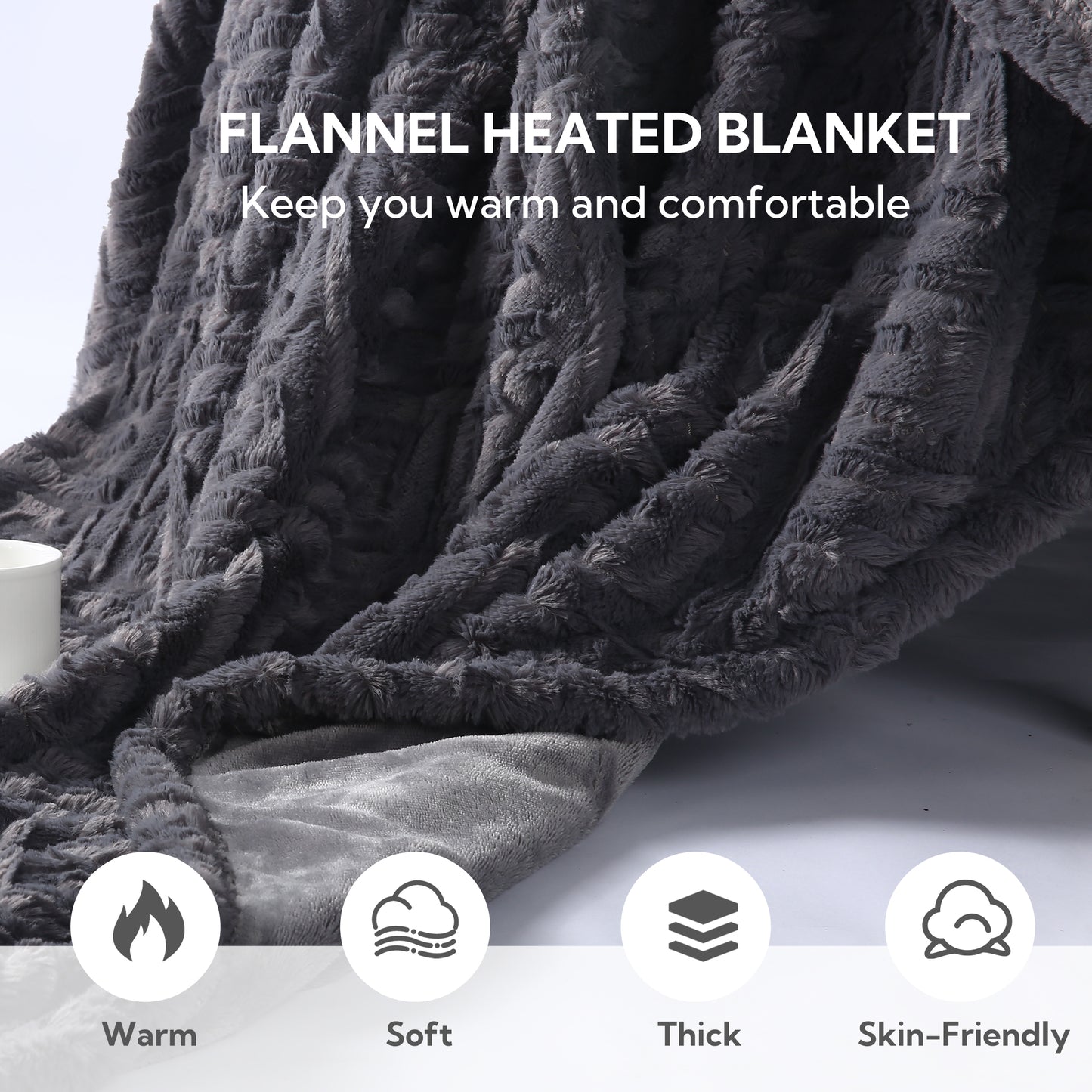 Electric Heated Blanket 50'' x 60'', Soft and Lightweight Flannel Electric Blanket, Light Grey