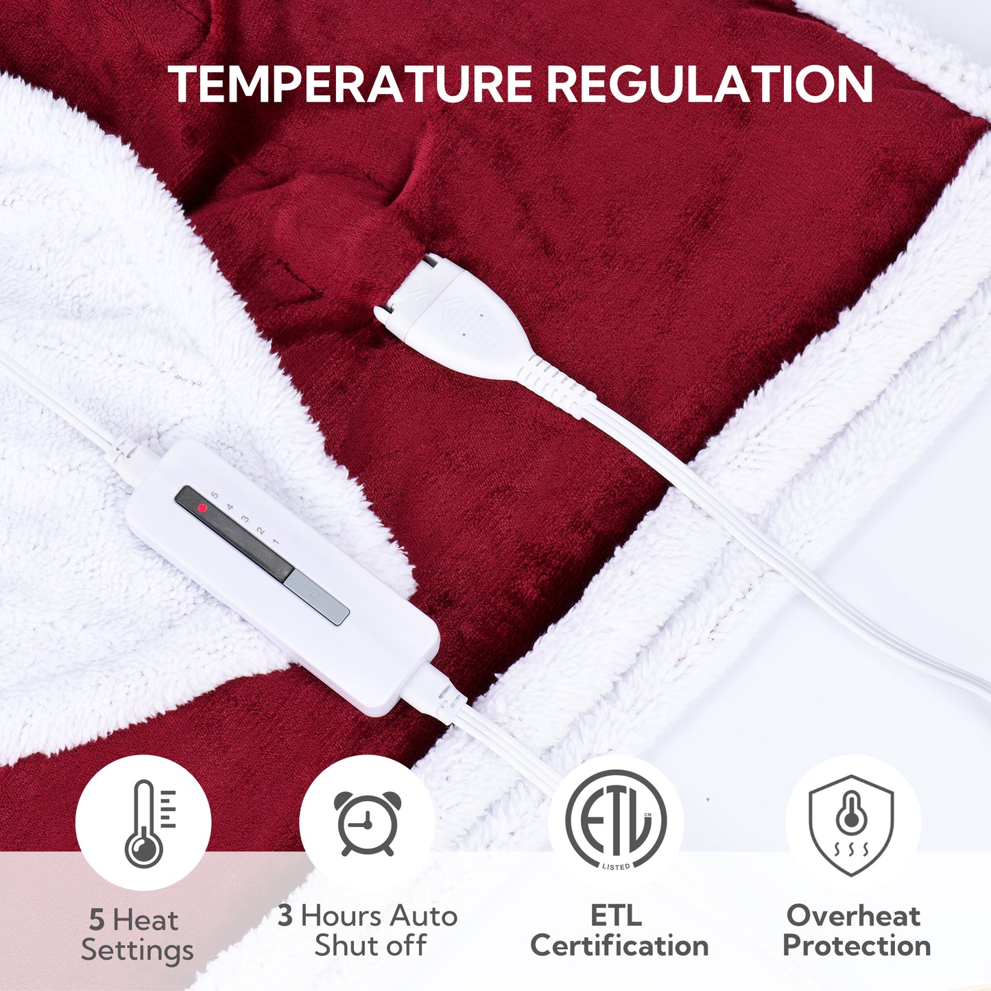 Electric Heated Blanket 50'' x 60'', Soft and Lightweight Flannel Electric Blanket, Red & White