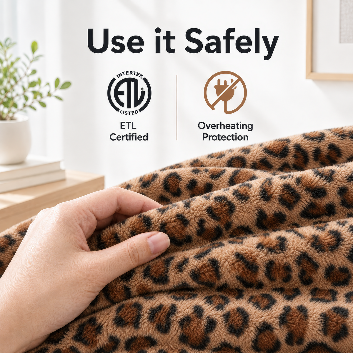 SUNNY HEAT Electric Blanket Heated Throw 50" x 60" -Fast Heating 9 Levels & 10H Auto off, Warm Soft Fannel Machine Washable, for Bed/Couch/Office, Classic Leopard Print