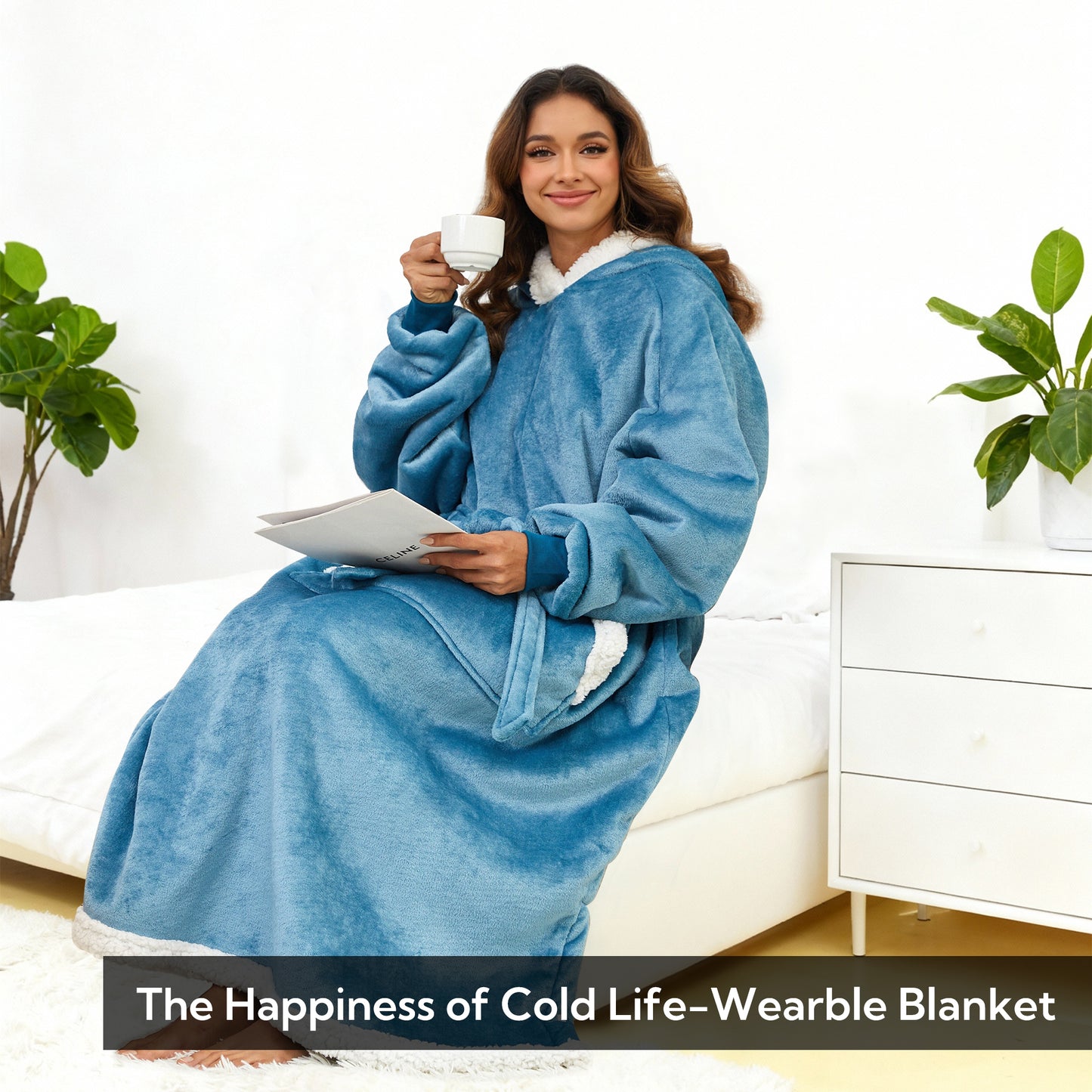 SUNNY HEAT Oversize Wearable Blanket, Blue - Warm Cozy for Bed Sofa Travel Use