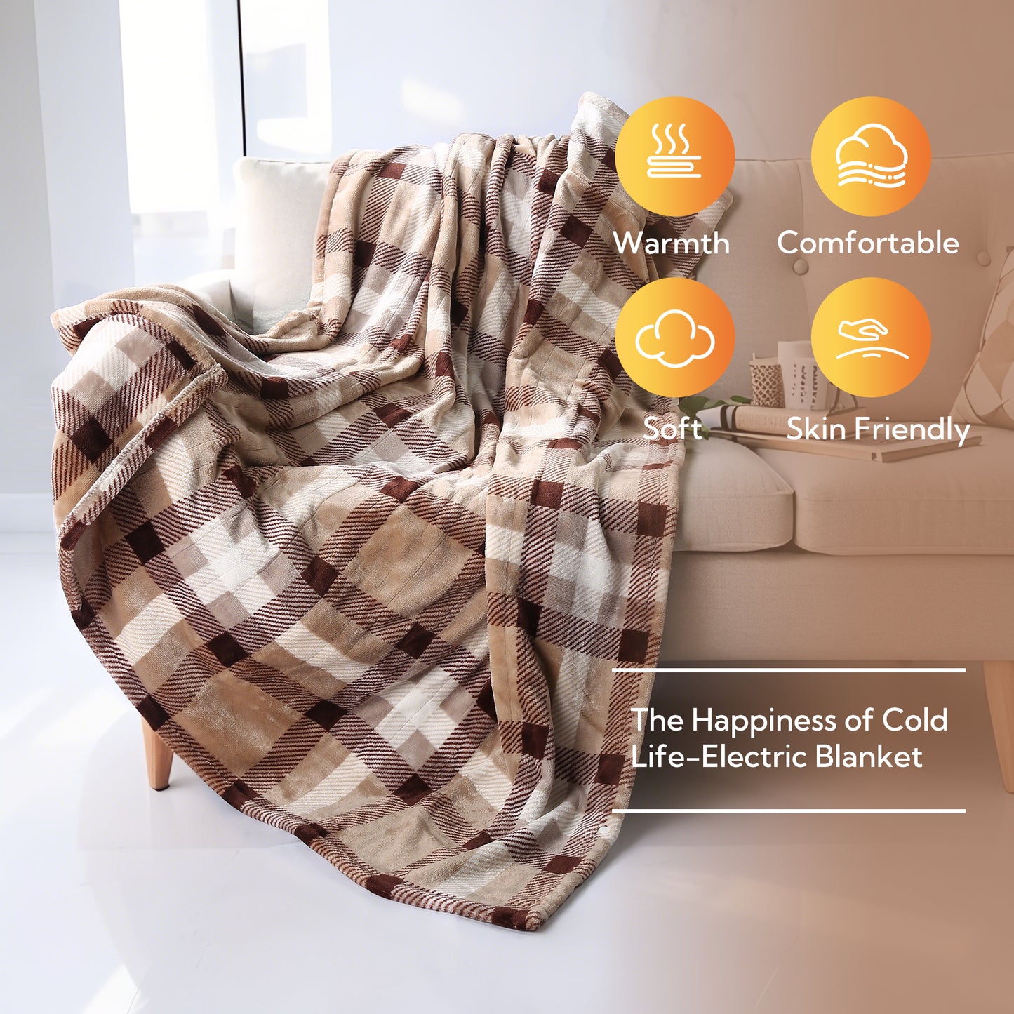 SUNNY HEAT Electric Heated Blanket Flannel Throw size 50''x60'' Warm Machine Washable- Red & Brown Plaid