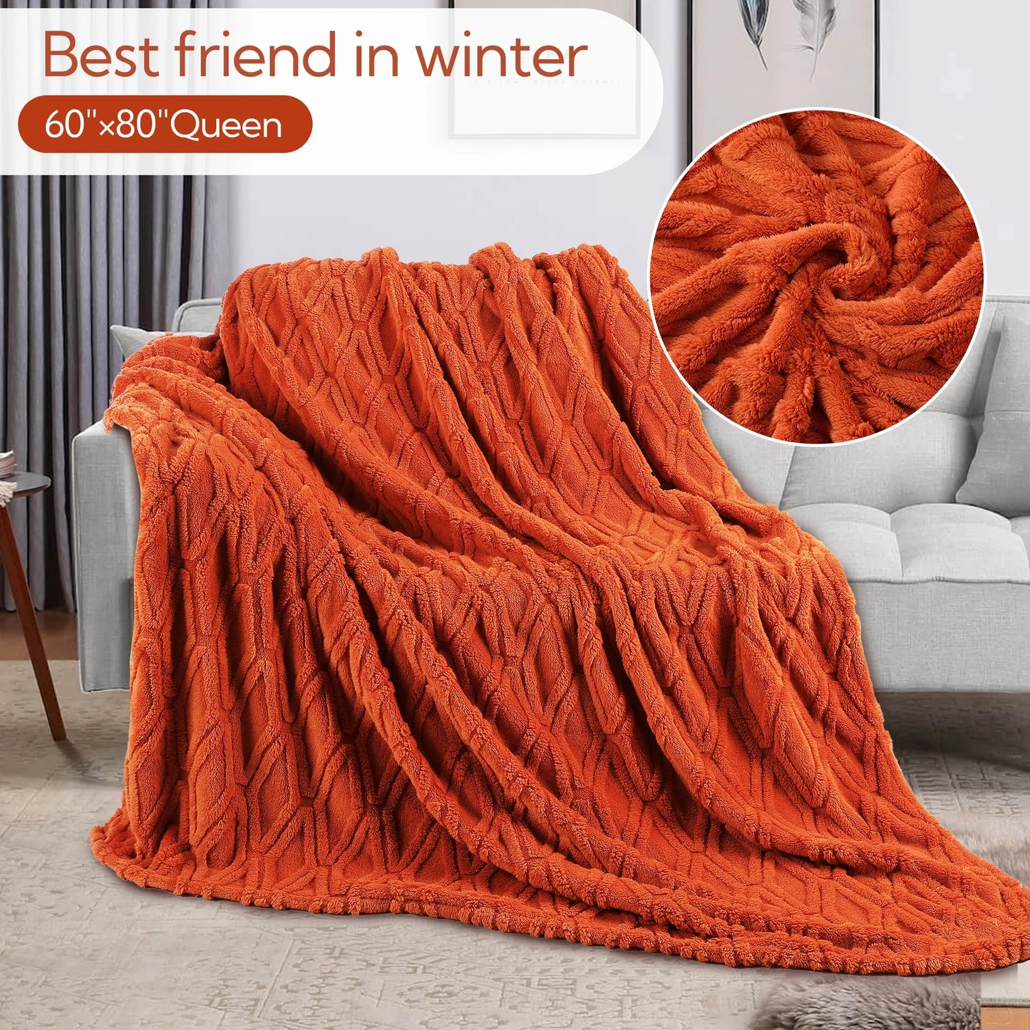 SUNNY HEAT Sherpa Blanket Queen Size 60''x80'' All-Season Lightweight Ultra Soft Bed Blanket Couch, Bed, Sofa, Travel Use, Gift, Pumpkin