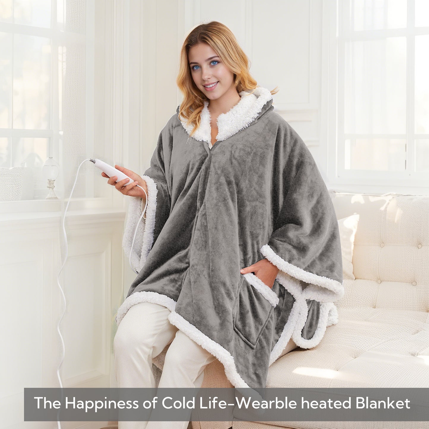 SUNNY HEAT Wearable Electric Heated Blanket 56"x63" , Soft Flanne & Cotton Fleecel,Warm and Cozy, Bed, Sofa,Travel Use,Light grey