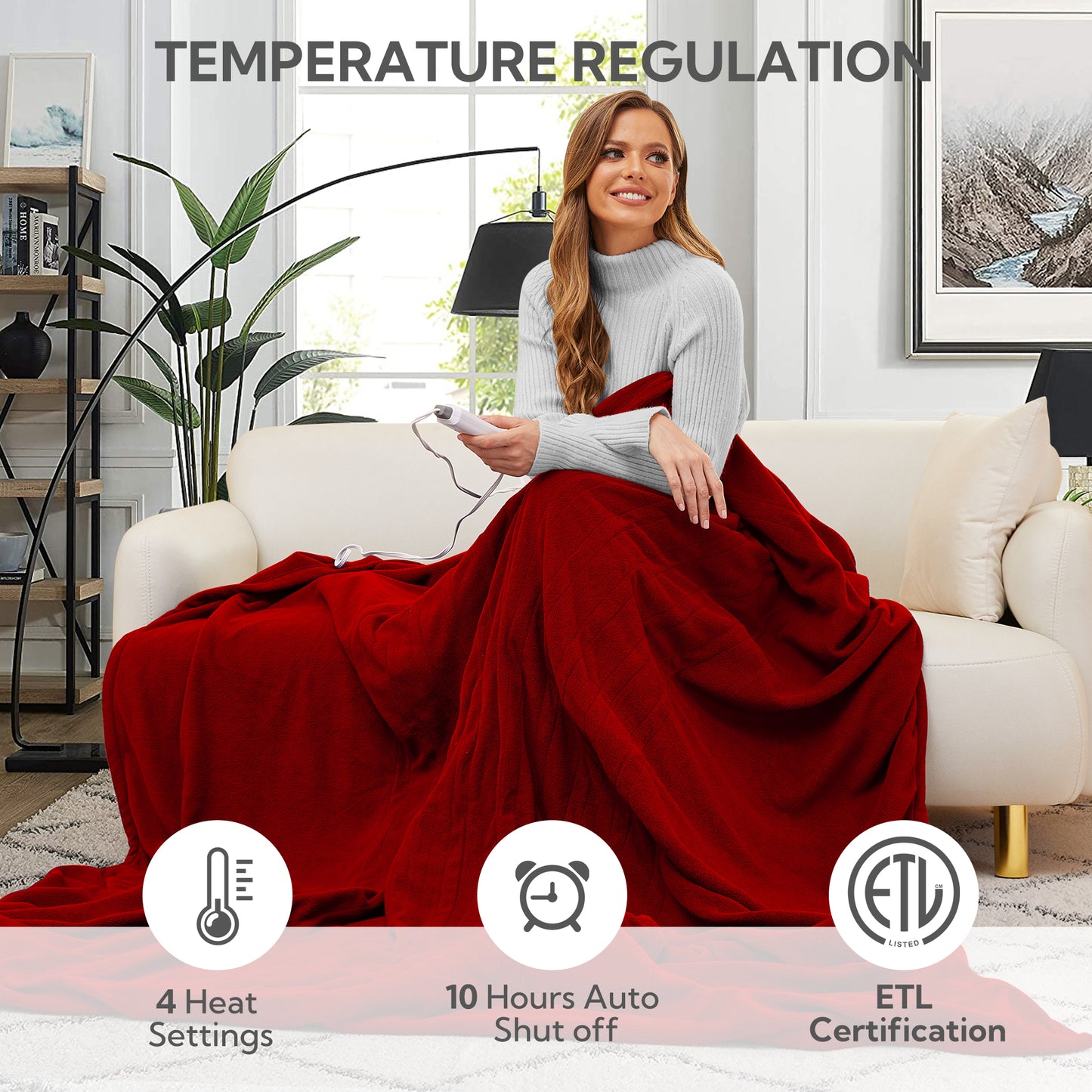 Electric Heated Blanket 72'' x 84'', Comfortable and Lightweight Polar Fleece Electric Blanket, Red