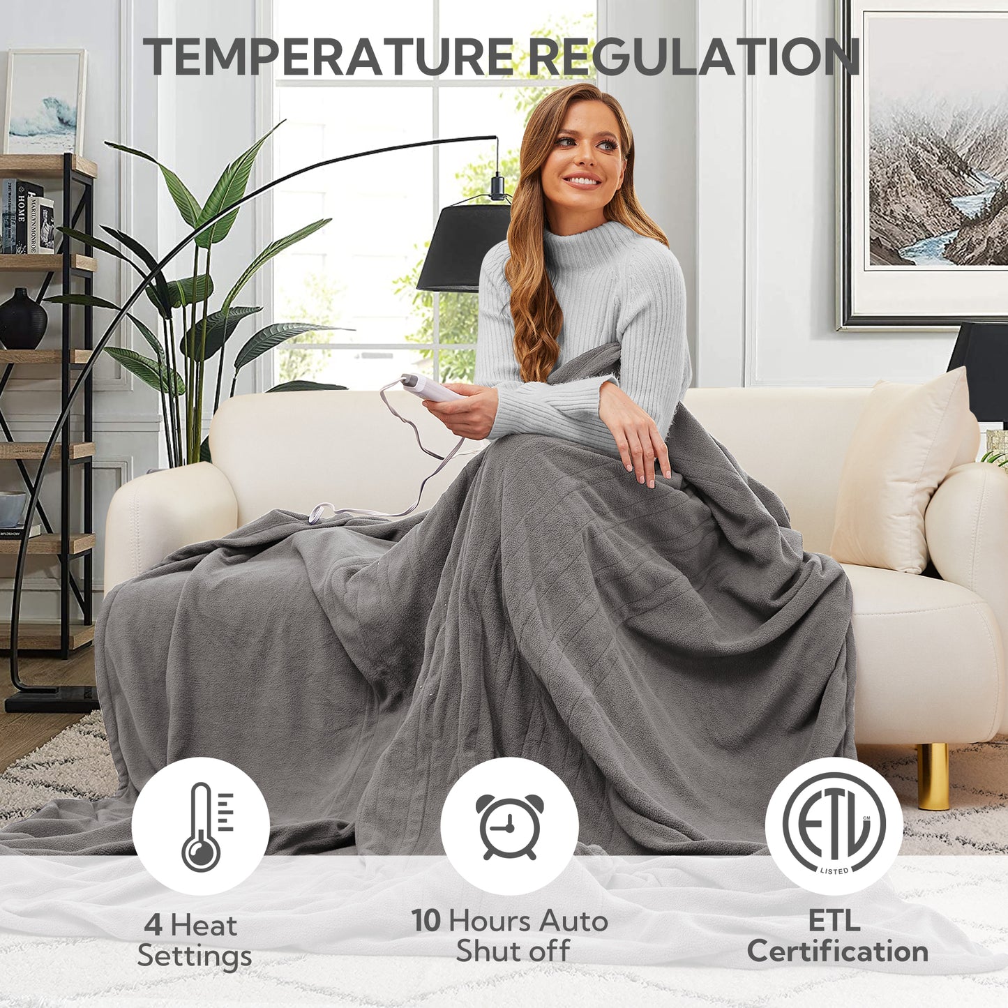 Electric Heated Blanket 62'' x 84'', Comfortable and Lightweight Polar Fleece Electric Blanket, Light Grey