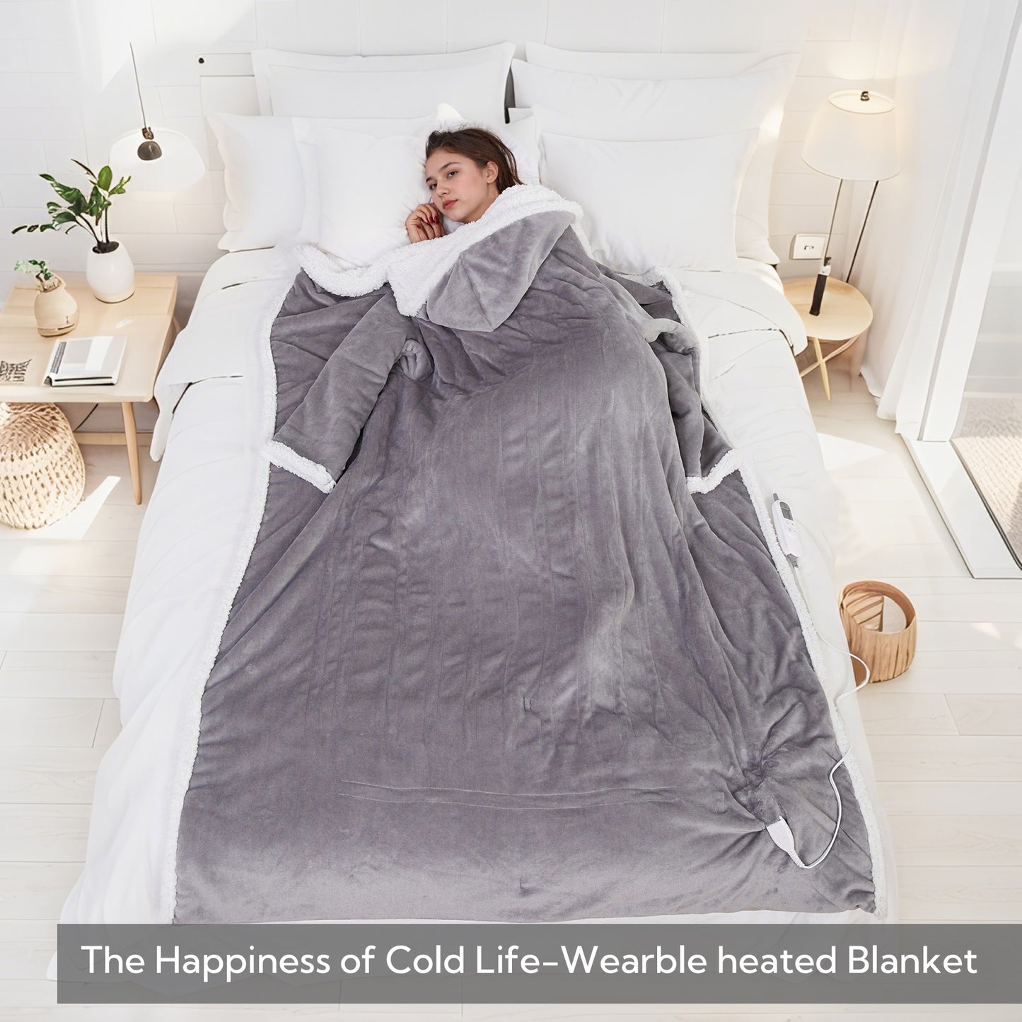 SUNNY HEAT Wearable Electric Heated Blanket 50"x70" , Soft Flanne & Cotton Fleecel,Warm and Cozy, Bed, Sofa,Travel Use,light grey