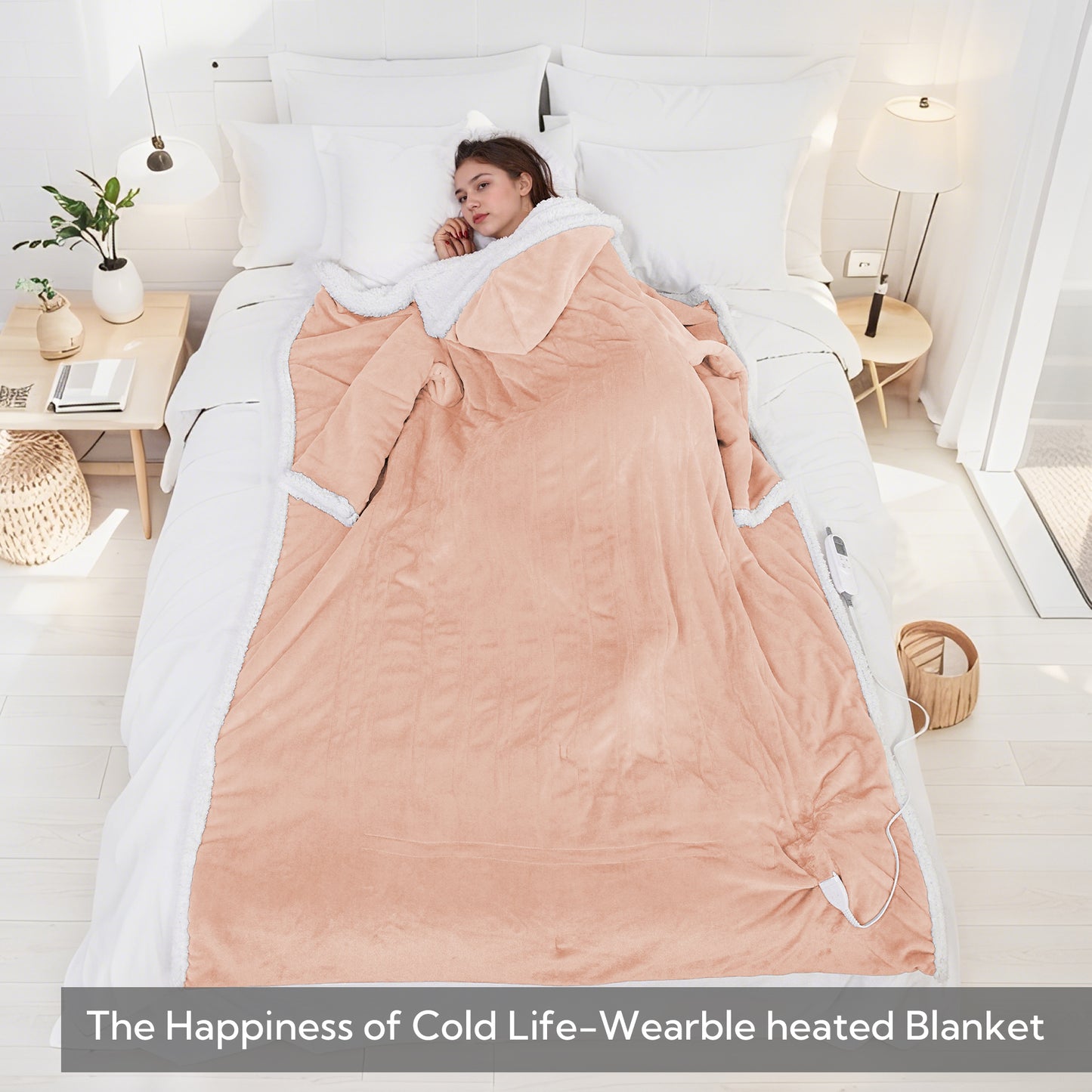 SUNNY HEAT Wearable Electric Heated Blanket 50"x70" , Soft Flanne & Cotton Fleecel,Warm and Cozy, Bed, Sofa,Travel Use,light pink