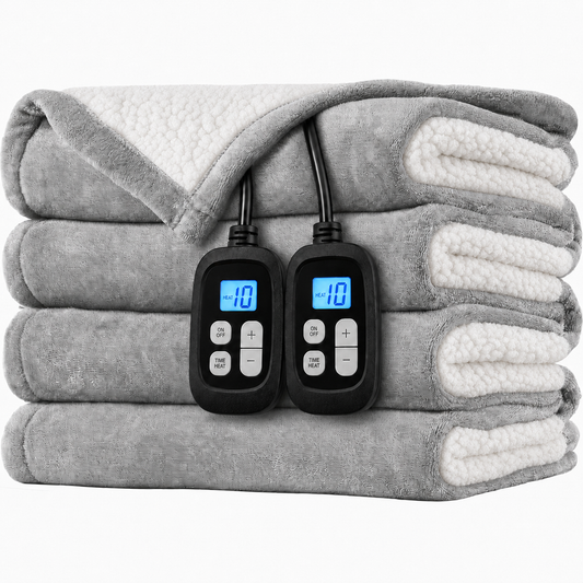 SUNNY HEAT Electric Blanket Heated King 90"×100" -Fast Heating 10 Levels & 1-12H Auto off, Washable, Light Gray