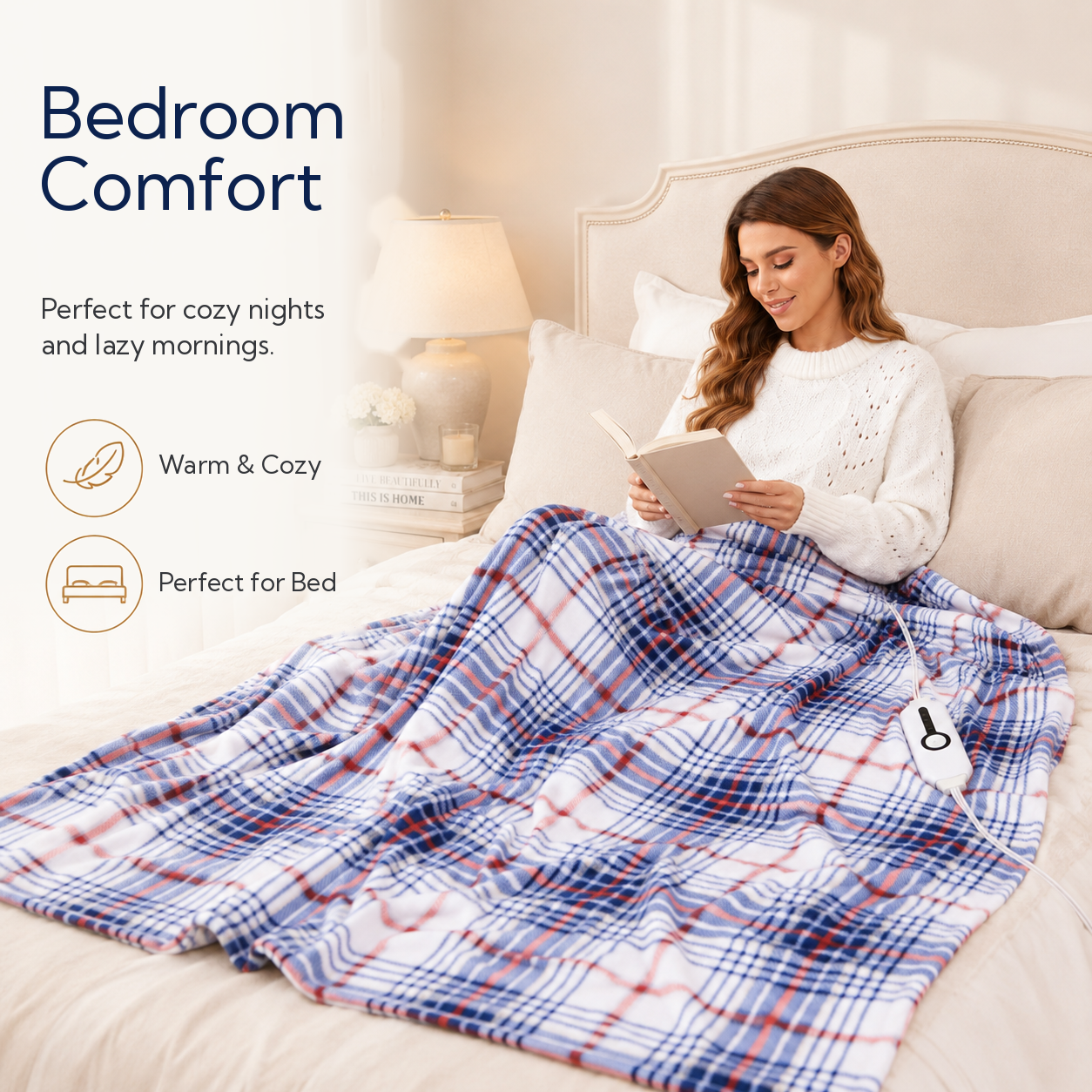 SUNNY HEAT Electric Heated Blanket 50" x 60" Throw Size-4 Heating Settings & 3 Hours Auto off, Microplush Machine Washable-Navy White Red