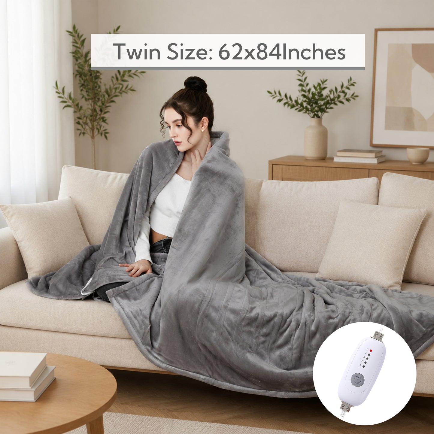 SUNNY HEAT Electric Heated Blanket Twin Size 62" x 84" Soft Flannel with 5 Levels Heating & 10Hs Auto off, Machine Washable, Light Gray