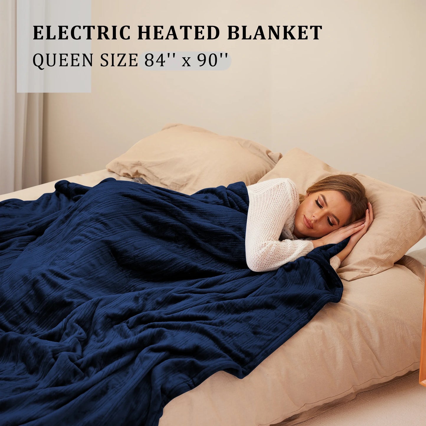 Electric Heated Blanket 84'' x 90'' Queen Size Flannel Machine Washable, Warm and Cozy all Night, Dual Control-Dark Blue