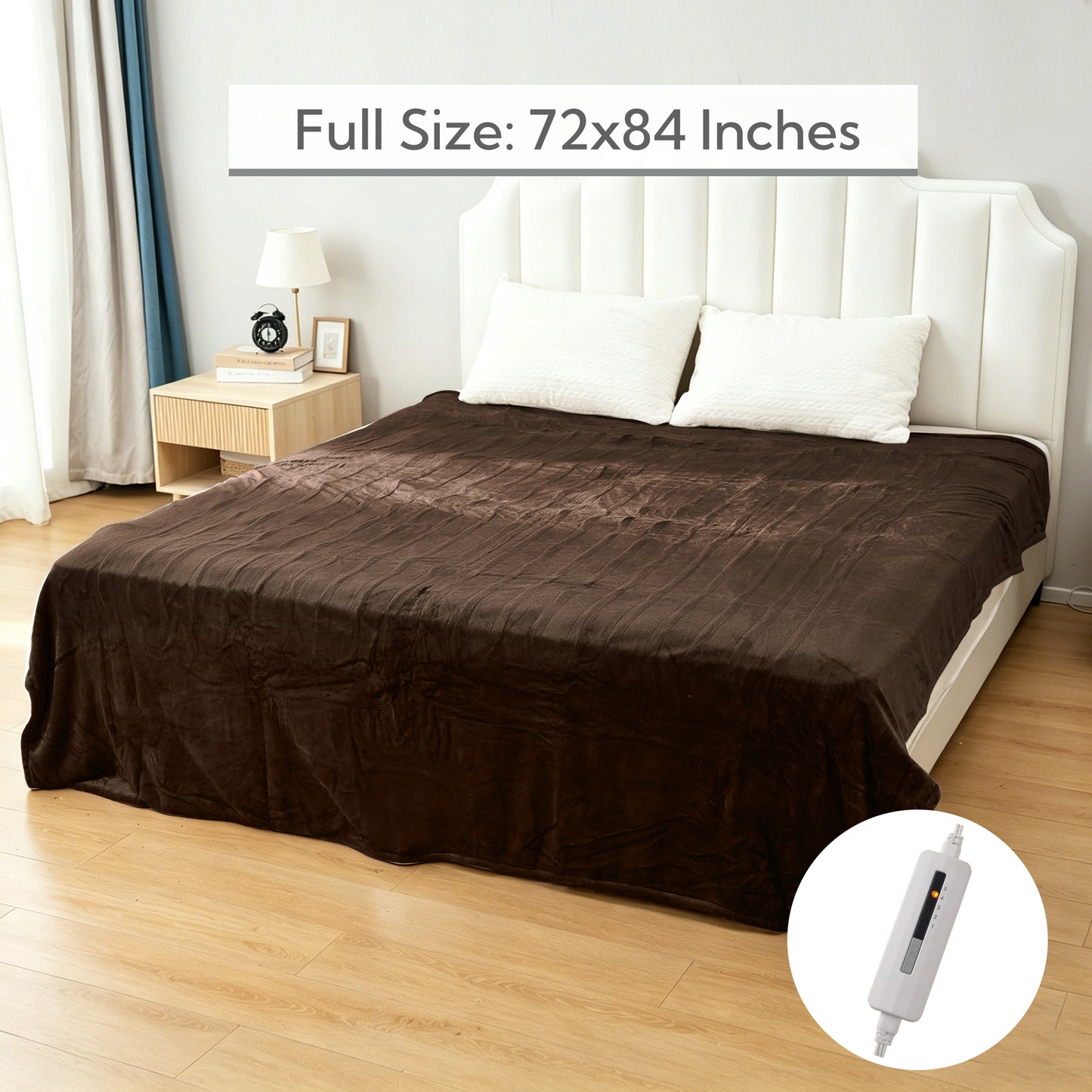 SUNNY HEAT Electric Heated Blanket Full Size 72" x 84" Soft Flannel with 5 Levels Heating & 10Hs Auto off, Machine Washable, Cola Brown