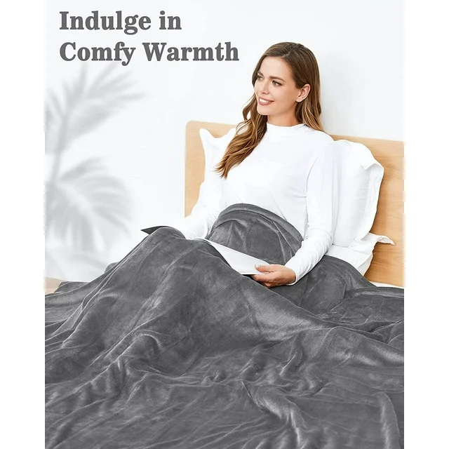 SUNNY HEAT Electric Heated Blanket Throw Flannel 50" x 60" Throw Size-4 Heating Settings & 3 Hours Auto off, Soft Machine Washable-Light Grey