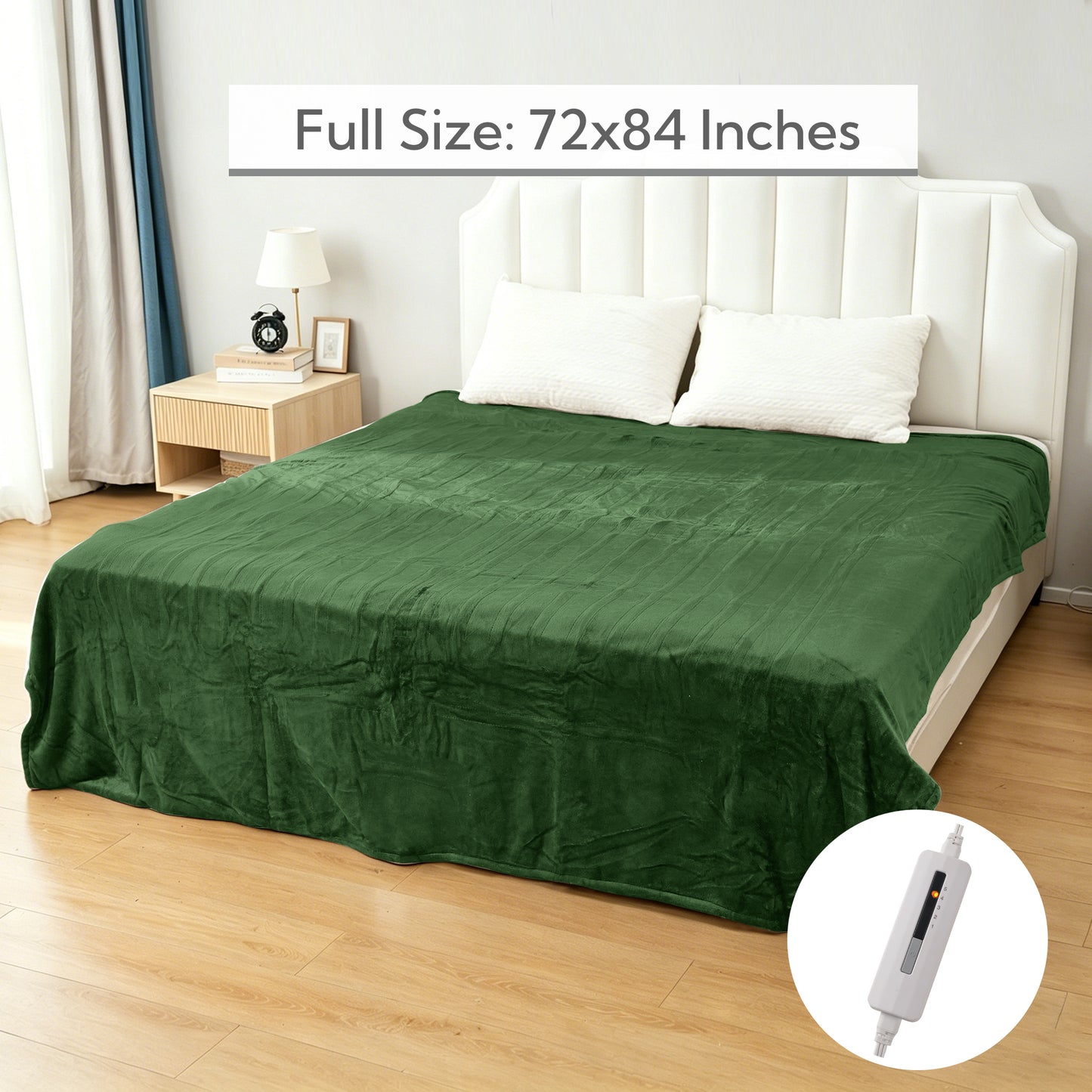 SUNNY HEAT Electric Heated Blanket Full Size 72" x 84" Soft Flannel with 5 Levels Heating & 10Hs Auto off, Machine Washable, Pine Green