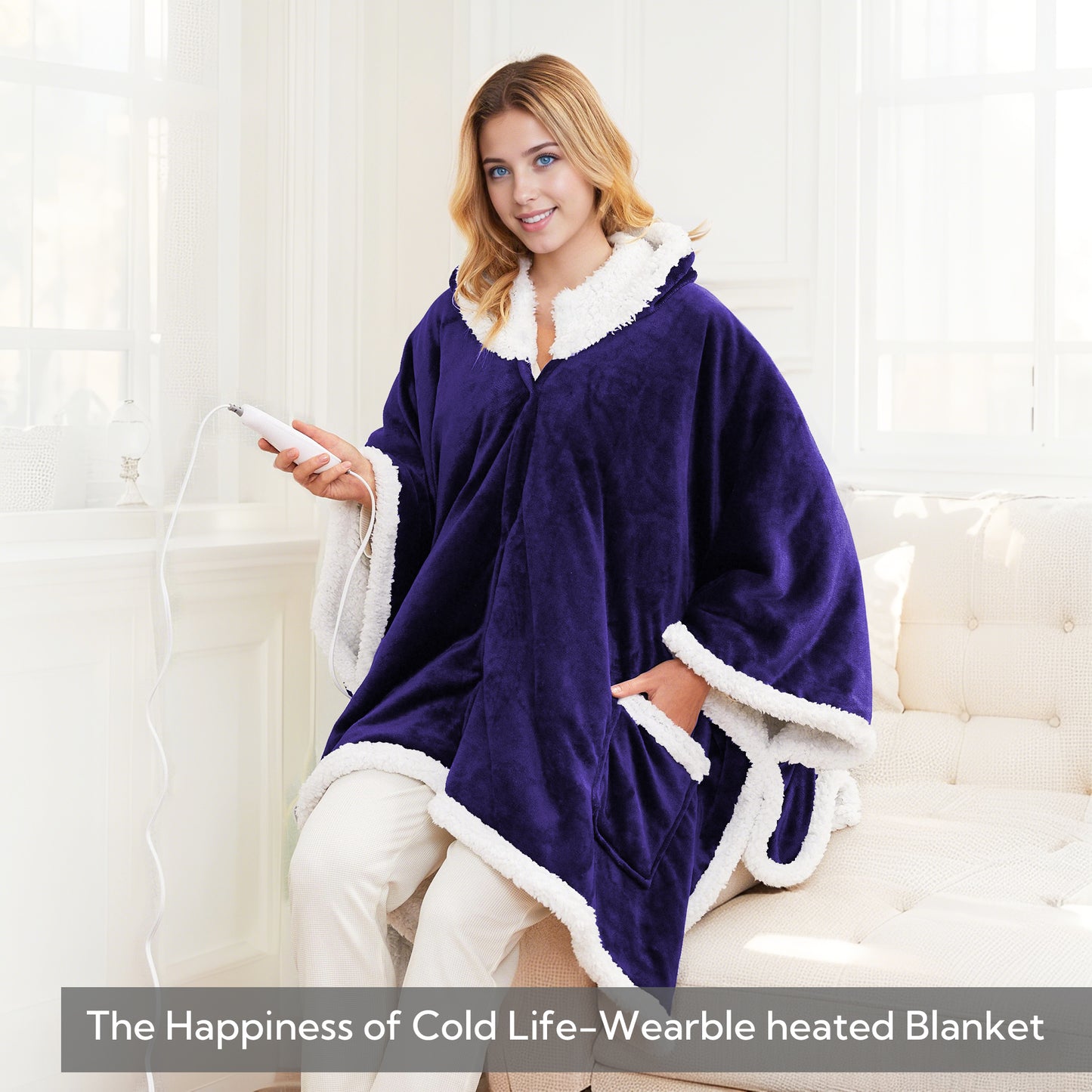 SUNNY HEAT Wearable Electric Heated Blanket 56"x63" , Soft Flanne & Cotton Fleecel,Warm and Cozy, Bed, Sofa,Travel Use,Purple