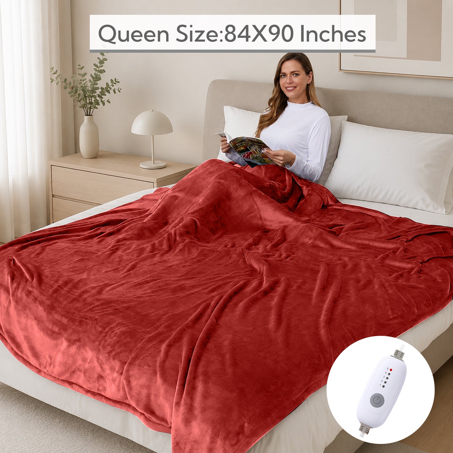 SUNNY HEAT Electric Heated Blanket Queen Size 84" x 90" Soft Flannel with 5 Levels Heating & 10Hs Auto off, Dual Controllers, Dual Zone Temperature Control, Brick Red