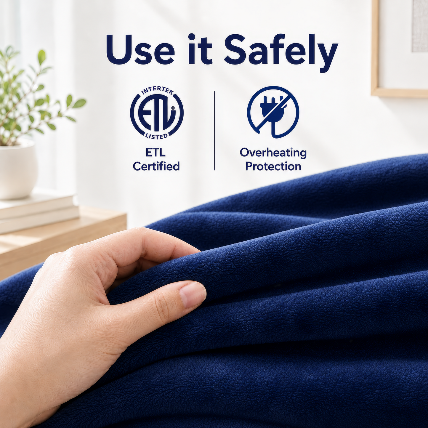 SUNNY HEAT Electric Blanket Heated Twin 62" x 84" -Fast Heating 9 Levels & 10H Auto off, Warm Soft Fannel Machine Washable, for Bed/Couch/Office, Navy Blue