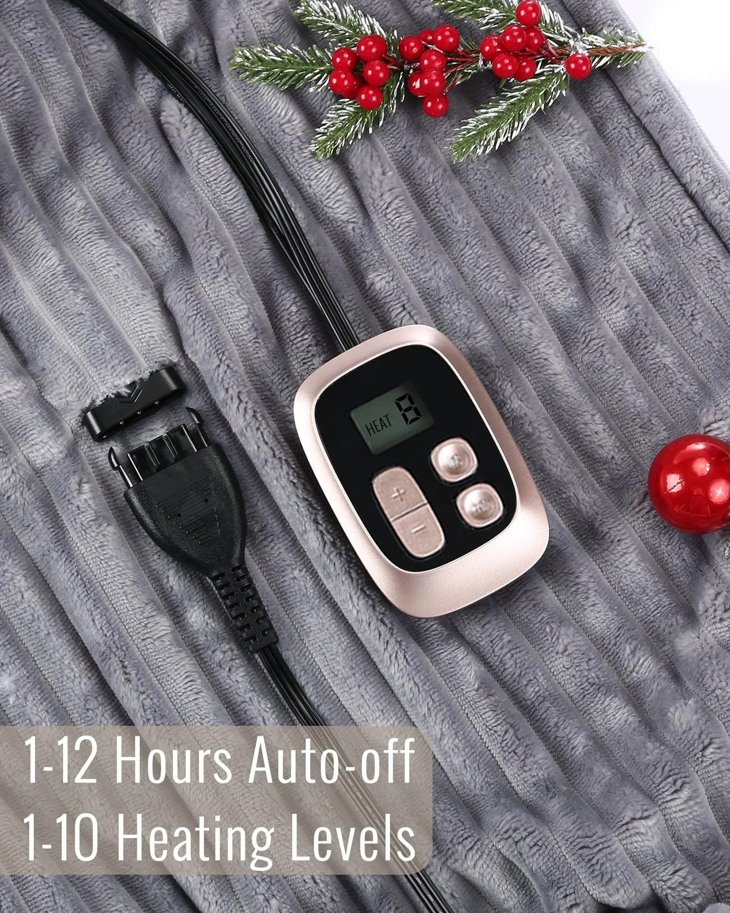 SUNNY HEAT Heated Electric Blanket Soft Flannel Twin Size 62" x 84", Fast Heat, 10 Heating Settings & 12 Hours Auto Shut-off, Grey