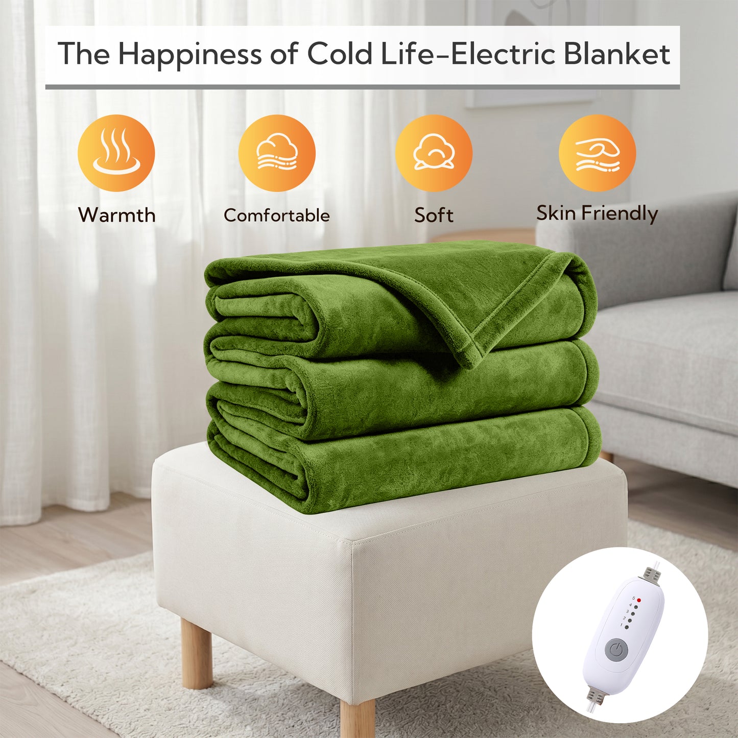 SUNNY HEAT Electric Heated Blanket Queen Size 84" x 90" Soft Flannel with 5 Levels Heating & 10Hs Auto off, Dual Controllers, Dual Zone Temperature Control, Light Grass Green