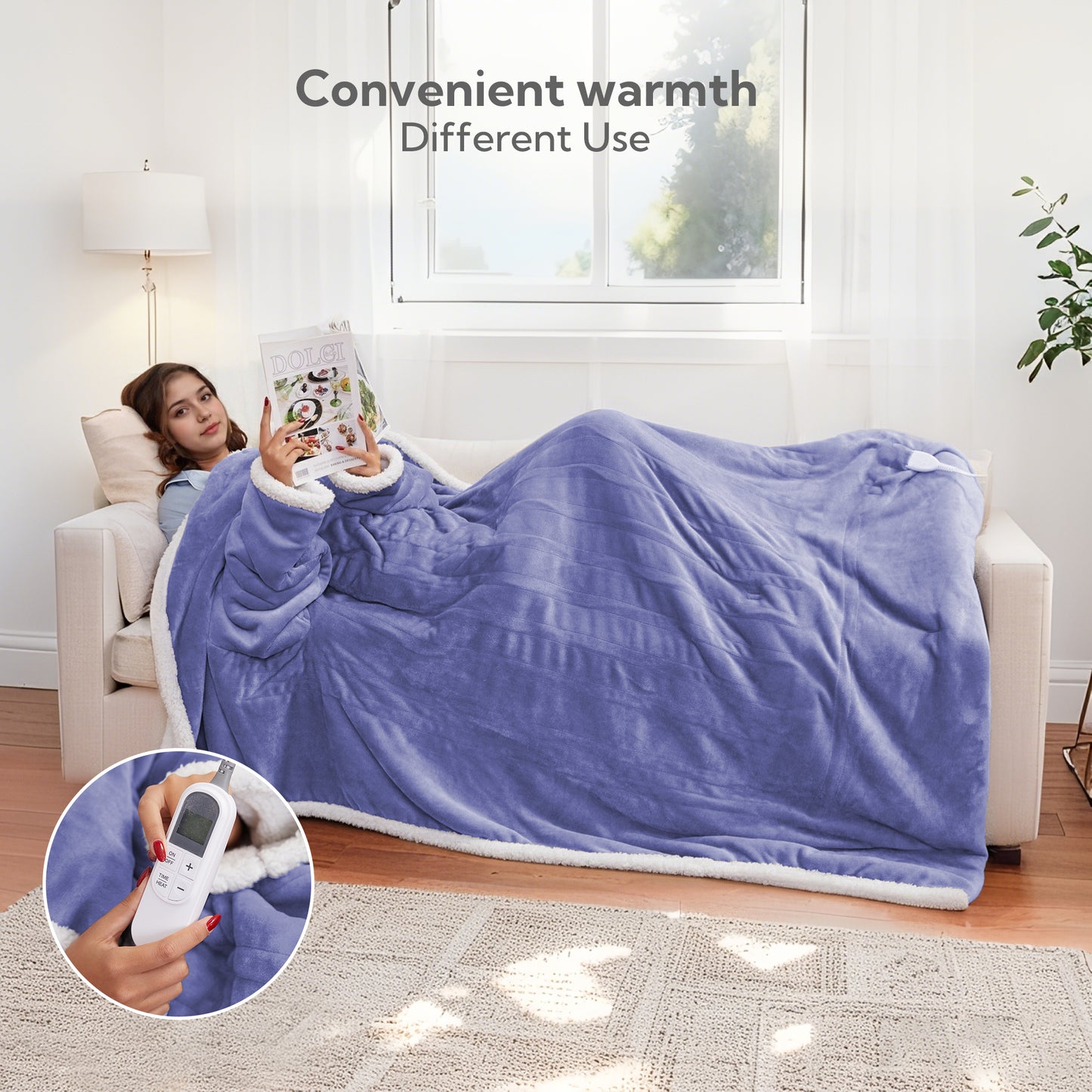 SUNNY HEAT Wearable Electric Heated Blanket 50"x70" , Soft Flanne & Cotton Fleecel,Warm and Cozy, Bed, Sofa,Travel Use,Purple