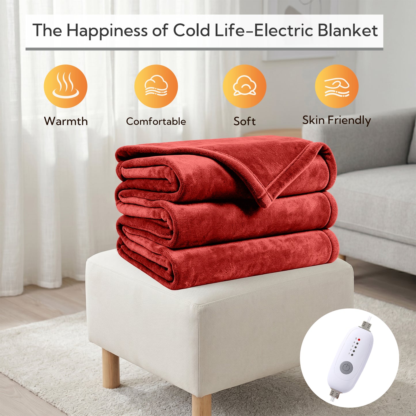 SUNNY HEAT Electric Heated Blanket Queen Size 84" x 90" Soft Flannel with 5 Levels Heating & 10Hs Auto off, Dual Controllers, Dual Zone Temperature Control, Brick Red