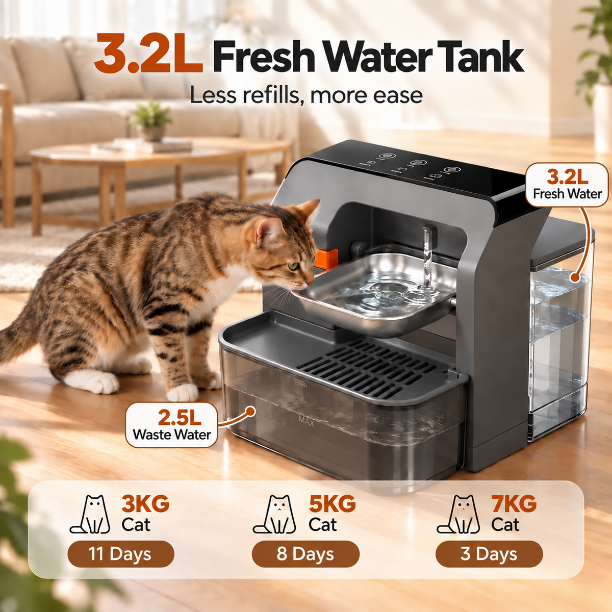 SUNNY HEAT Wireless Cat Water Fountain No Filter, 3.2L Pet Water Dispenser with Fresh & Waste Water Separation, Stainless Steel Bowl for Cats & Small Dogs, Black