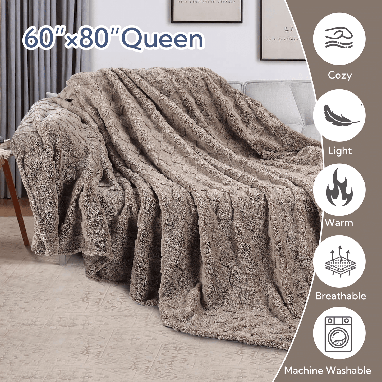 SUNNY HEAT Sherpa Blanket Queen Size 60''x80'' All-Season Lightweight Ultra Soft Bed Blanket Couch, Bed, Sofa, Travel Use, Gift, Light Grey