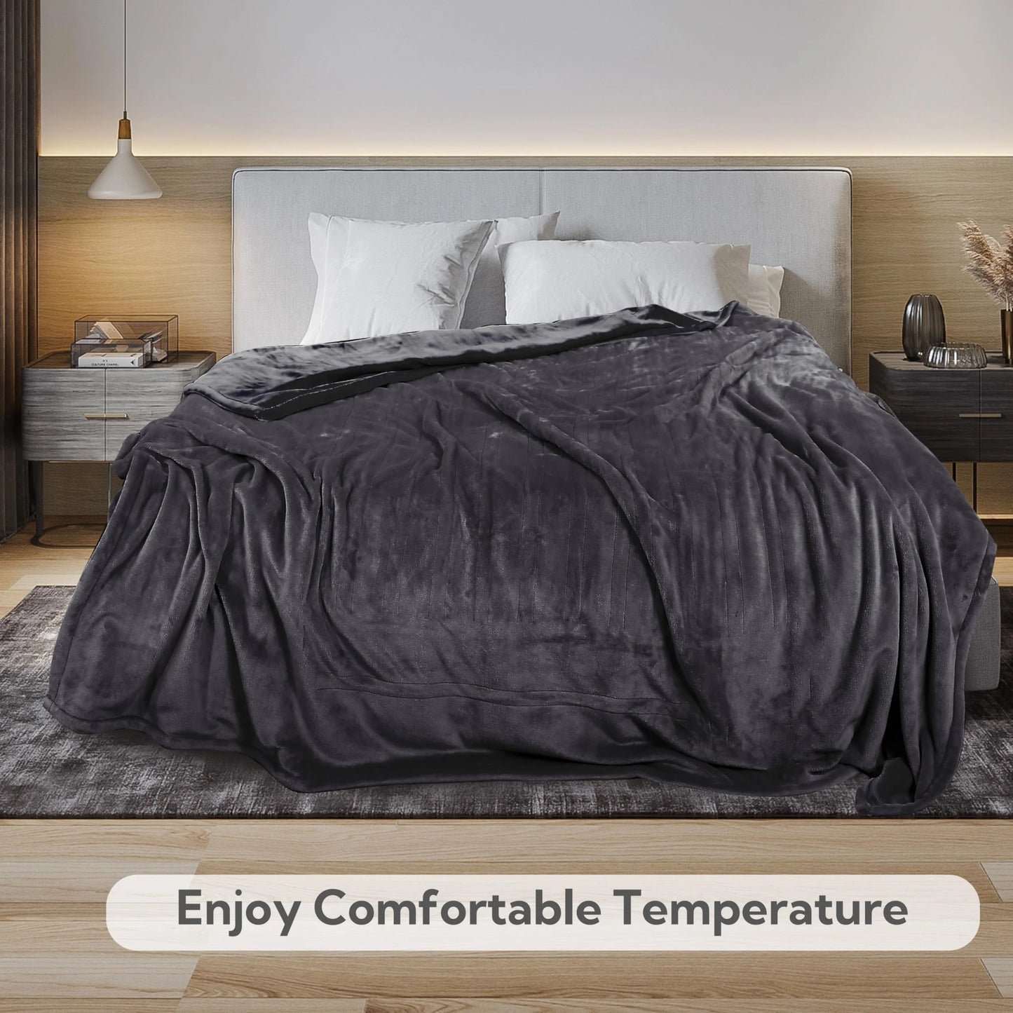 SUNNY HEAT Electric Heated Blanket Flannel Queen Size 84" x 90", 4 Heating Settings & 10 Hours Auto Off, Cozy Dual Control, Dark Grey