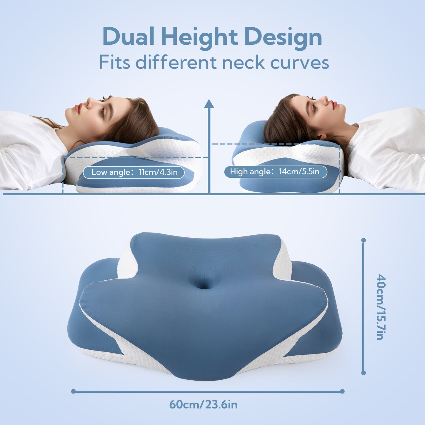 SUNNY HEAT Cervical Pillow for Neck Pain Relief, Orthopedic Memory Foam, Ergonomic Support for All Sleepers, Cooling & Washable Cover, Blue White