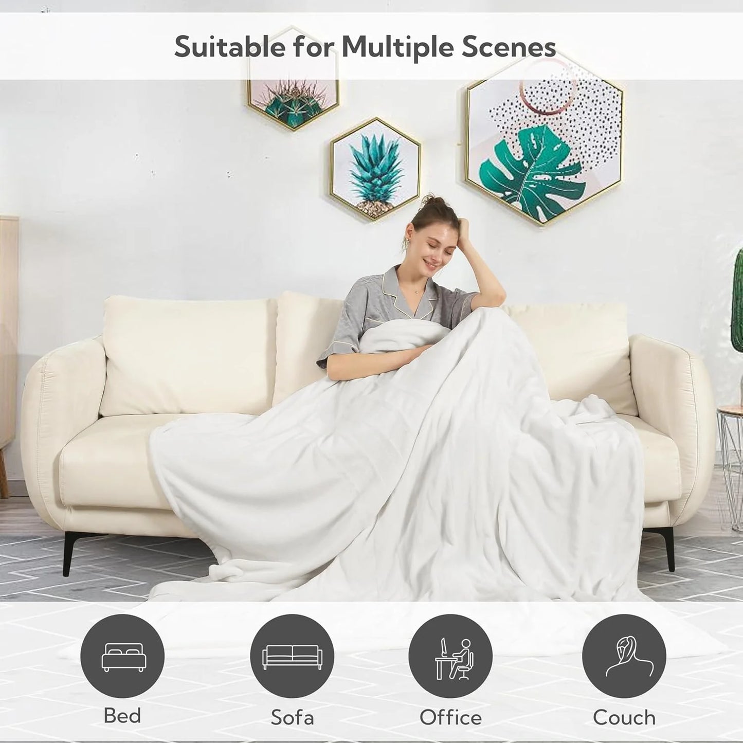 SUNNY HEAT Electric Heated Blanket Flannel King Size 90" x 100" Dual Control, 4 Heating Settings & 10 Hours Auto Off, White