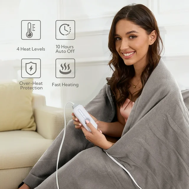 SUNNY HEAT Heated Electric Blanket Full Size 72" x 84" Quilted Fleece, Fast Heating Soft and Cozy Blanket with 4 Heating Levels & 10 Hours Timer Settings, Machine Washable, Light Grey