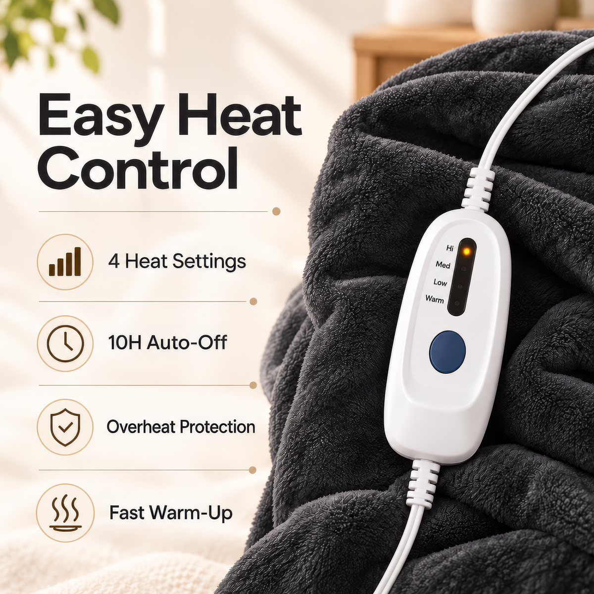 SUNNY HEAT Electric Heated Blanket Flannel 72" x 84" Full Size-4 Heating Settings & 10 Hours Auto off, Warm Machine Washable- Dark Grey