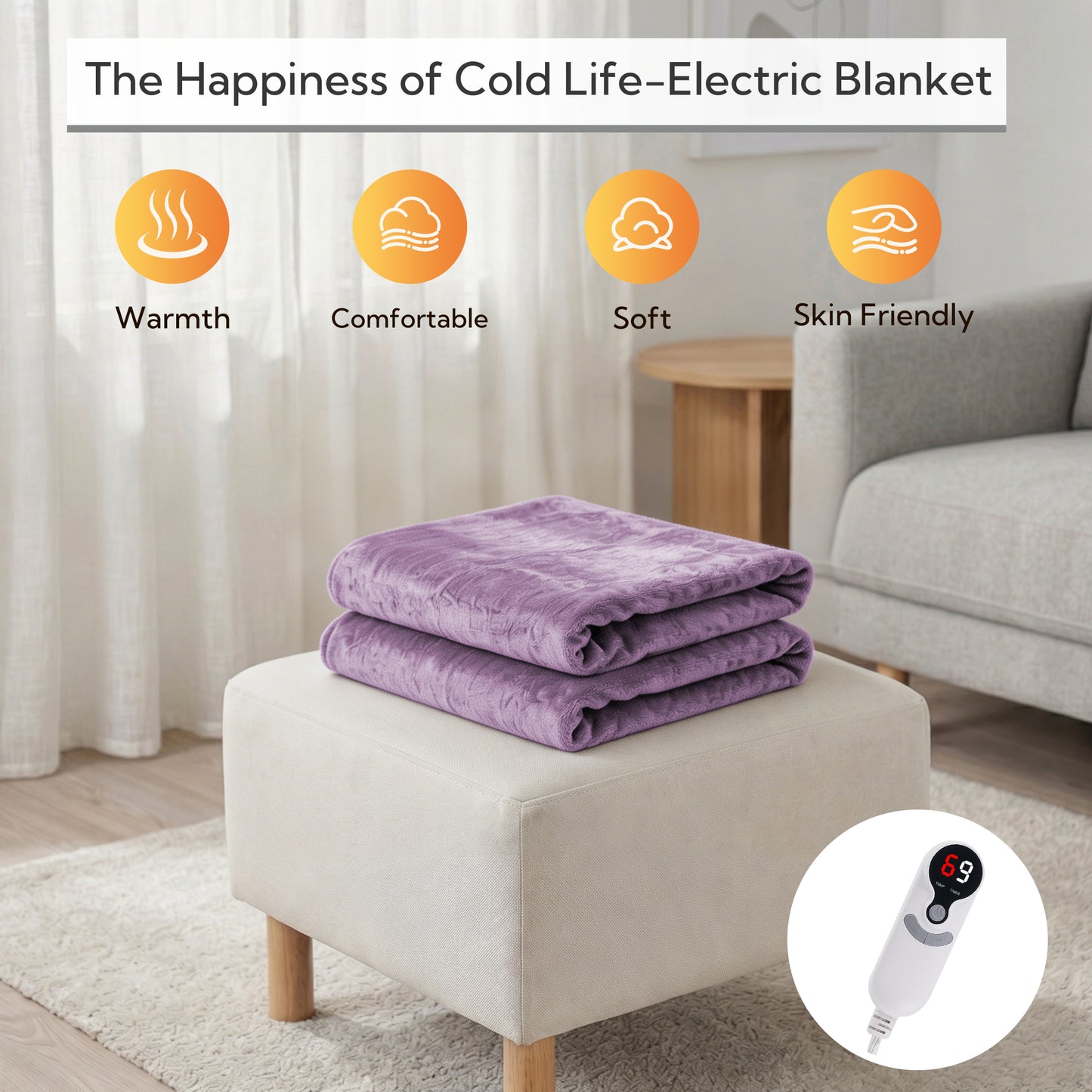 SUNNY HEAT Electric Heated Blanket Full Size 72" x 84" Soft Flannel with 9 Levels Heating & 10Hs Auto off, Machine Washable, Crystal Purple