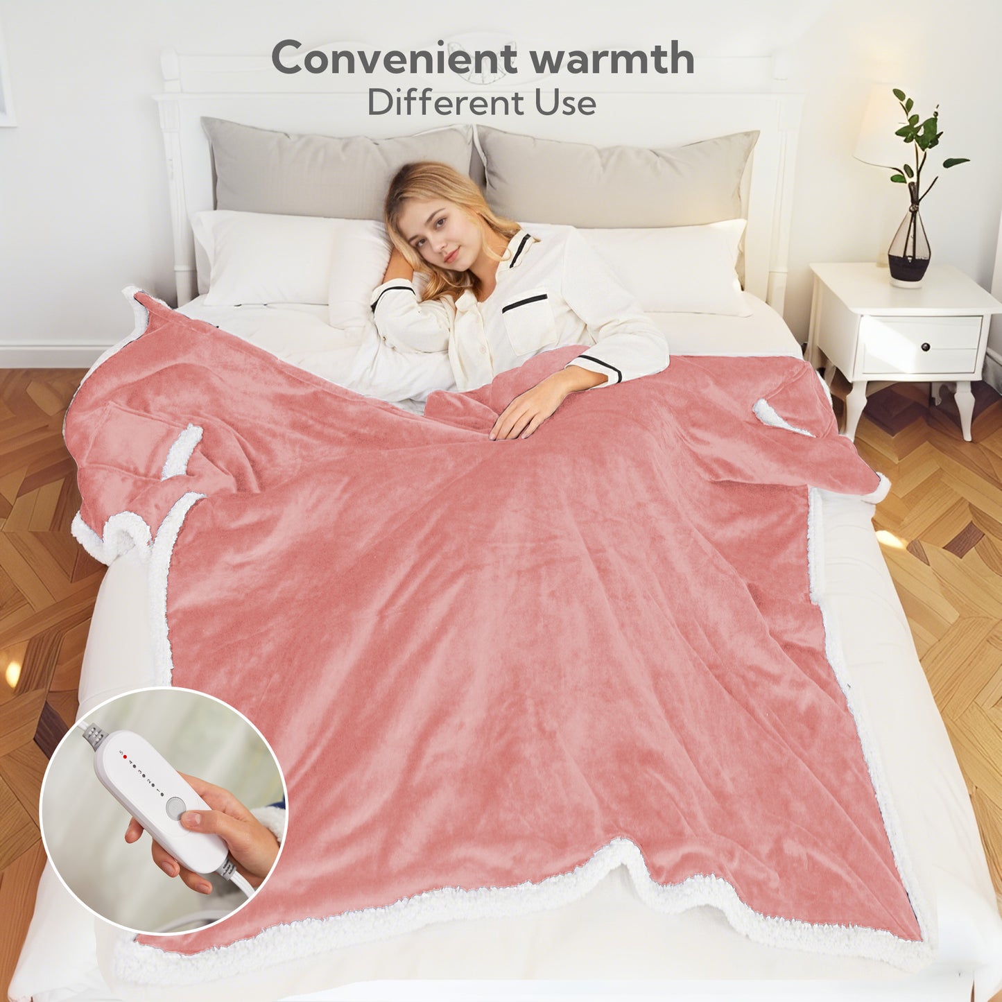 SUNNY HEAT Wearable Electric Heated Blanket 56"x63" , Soft Flanne & Cotton Fleecel,Warm and Cozy, Bed, Sofa,Travel Use,Light pink