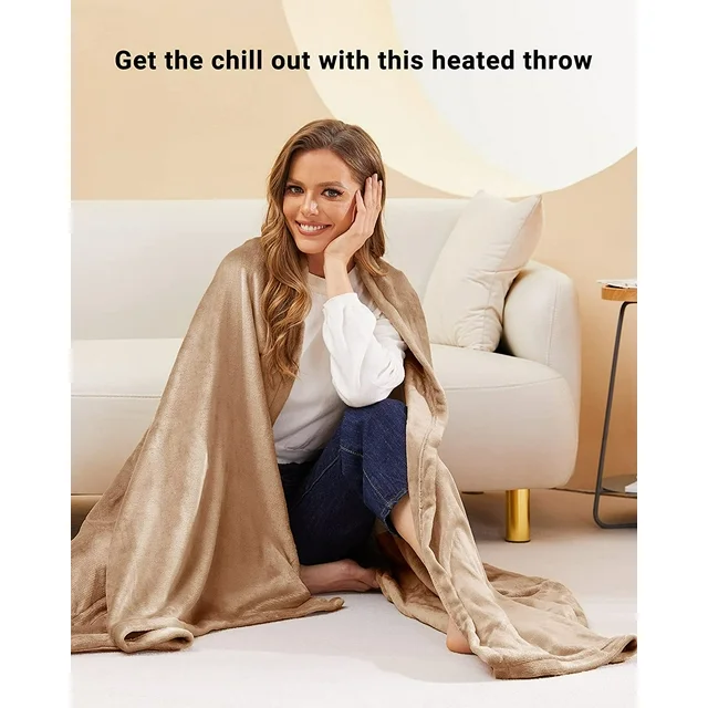 SUNNY HEAT Electric Heated Blanket Throw Flannel 50" x 60" Throw Size-4 Heating Settings & 10 Hours Auto off, Soft Machine Washable-Light Brown