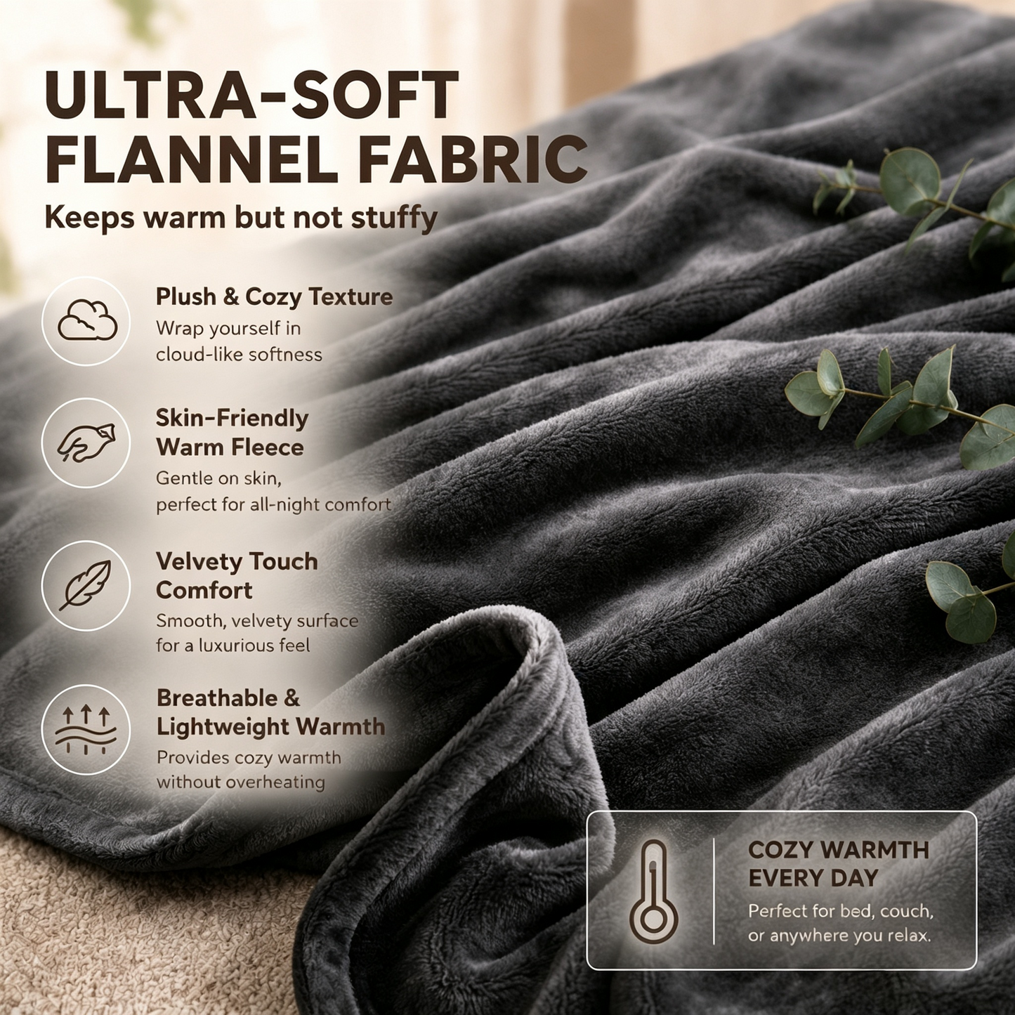 SUNNY HEAT Electric Heated Blanket Full Size 72" x 84" Soft Flannel with 4 Levels Heating & 10Hs Auto off, Machine Washable, Dark Gray