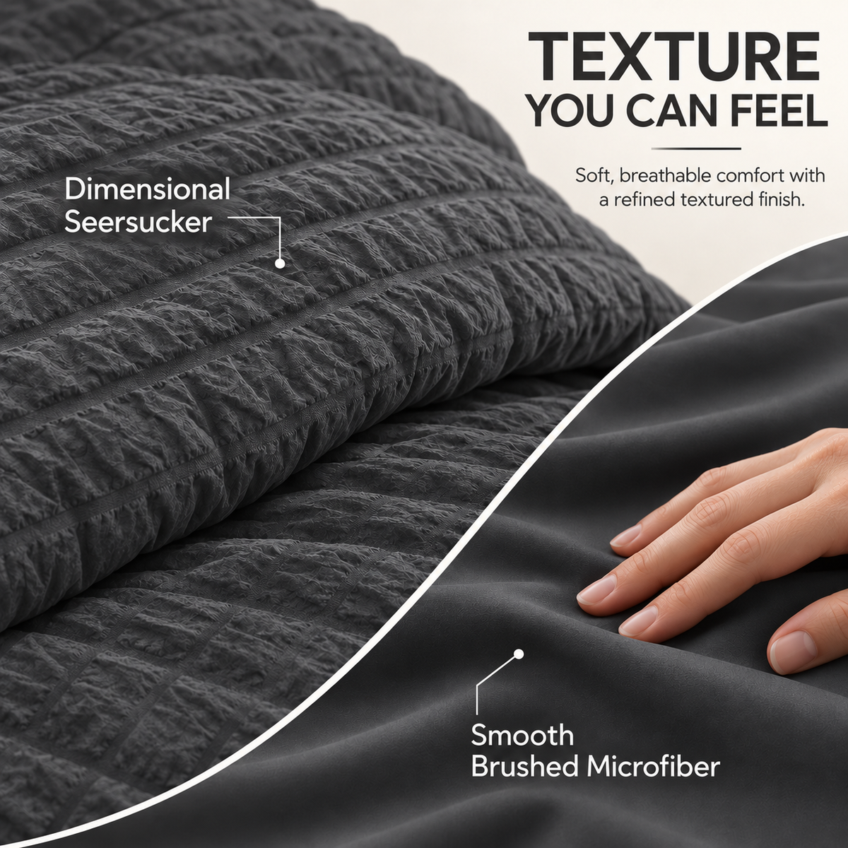 SUNNY HEAT Queen Size 8 Piece Seersucker Comforter Set, Soft Lightweight Bed in a Bag, Breathable All Season Bedding with Sheets, Pillowcases & Shams, Dark Grey