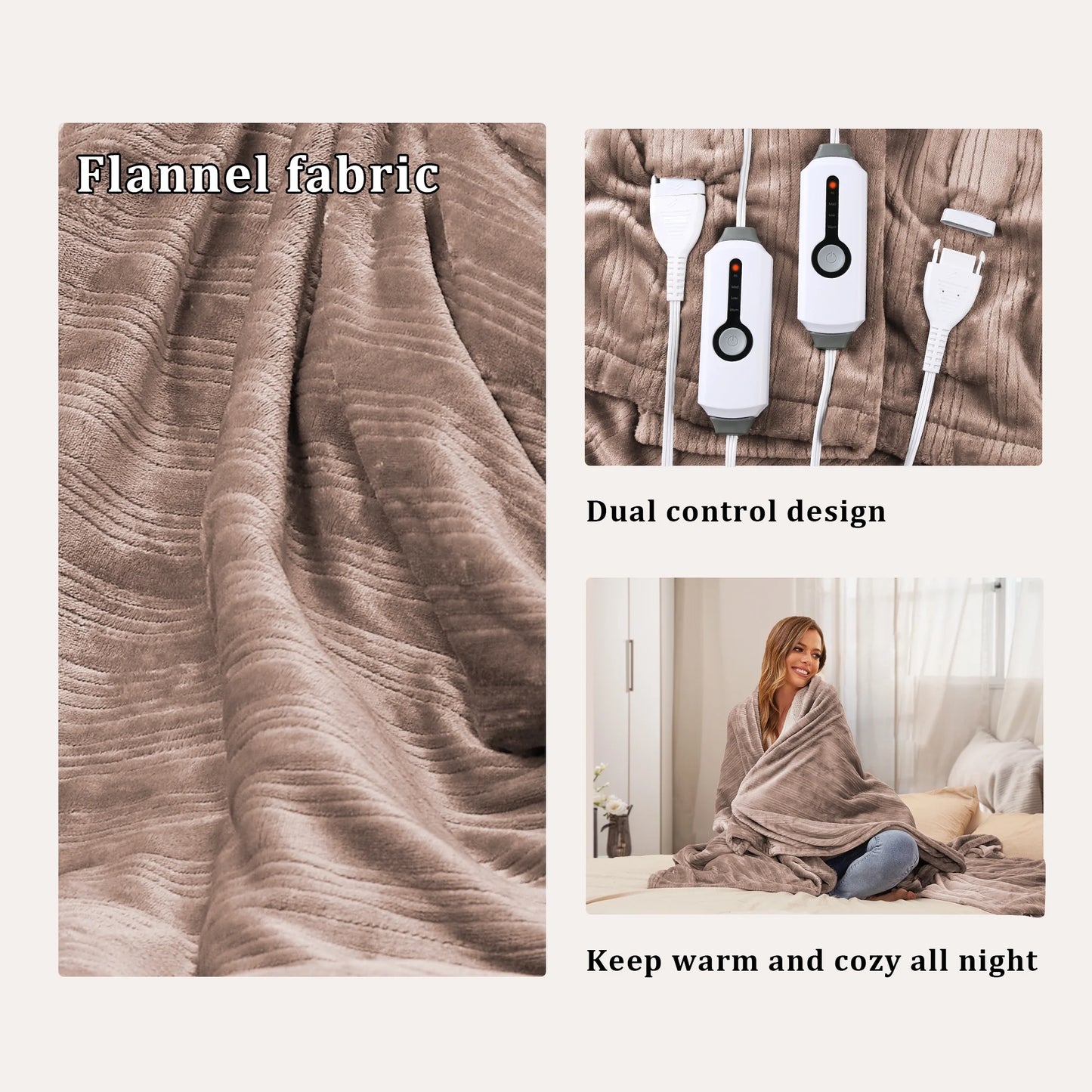 Electric Heated Blanket 84'' x 90'' Queen Size Flannel Machine Washable, Warm and Cozy all Night, Dual Control-Linen