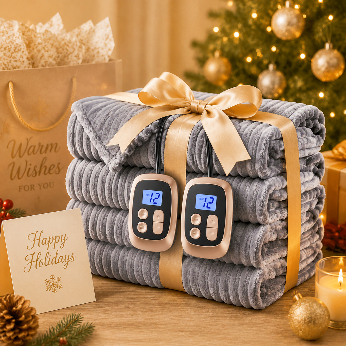 SUNNY HEAT Heated Electric Blanket Ribbed Flannel 84"x90" Queen Size - 10 Heating Settings & 2/4/6/8/10/12 Hours Auto off, Quick Heating Washable - Grey