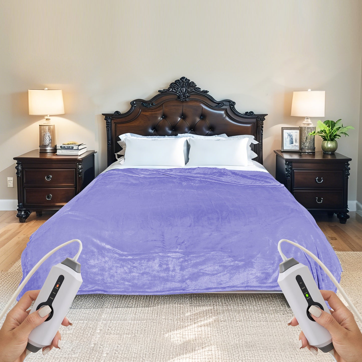 SUNNY HEAT Electric Heated Blanket Flannel Queen Size 84" x 90", 4 Heating Settings & 10 Hours Auto Off, Cozy Dual Control, Light Purple