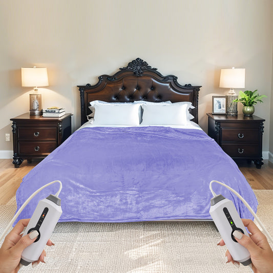 SUNNY HEAT Electric Heated Blanket Flannel King Size 90" x 100" Dual Control, 4 Heating Settings & 10 Hours Auto Off, Light Purple