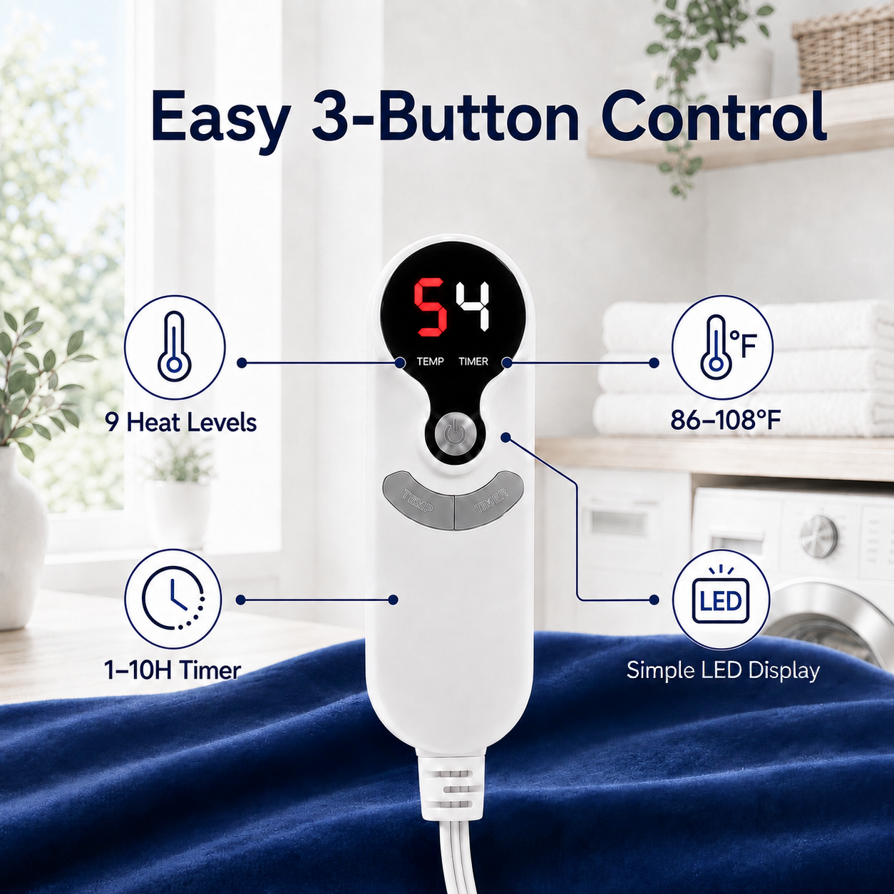 SUNNY HEAT Electric Blanket Heated Twin 62" x 84" -Fast Heating 9 Levels & 10H Auto off, Warm Soft Fannel Machine Washable, for Bed/Couch/Office, Navy Blue