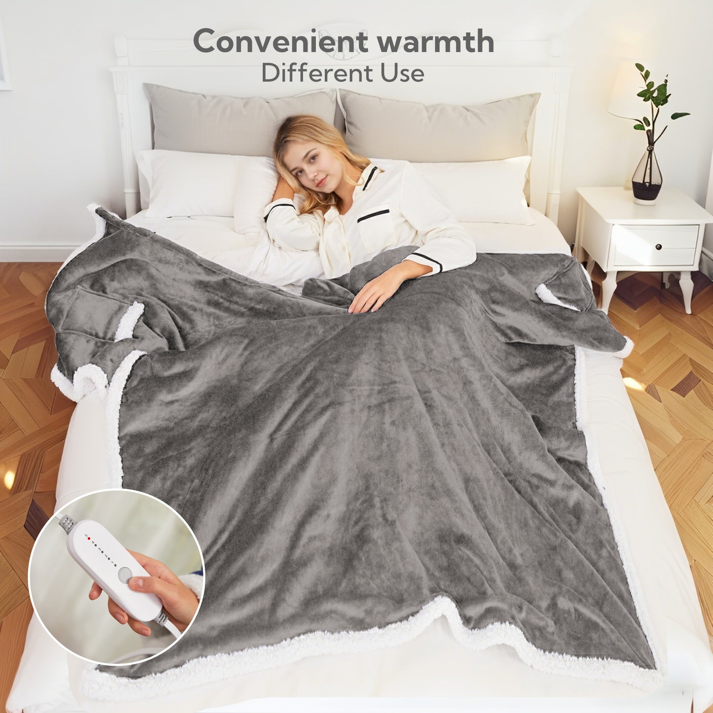SUNNY HEAT Wearable Electric Heated Blanket 56"x63" , Soft Flanne & Cotton Fleecel,Warm and Cozy, Bed, Sofa,Travel Use,Light grey