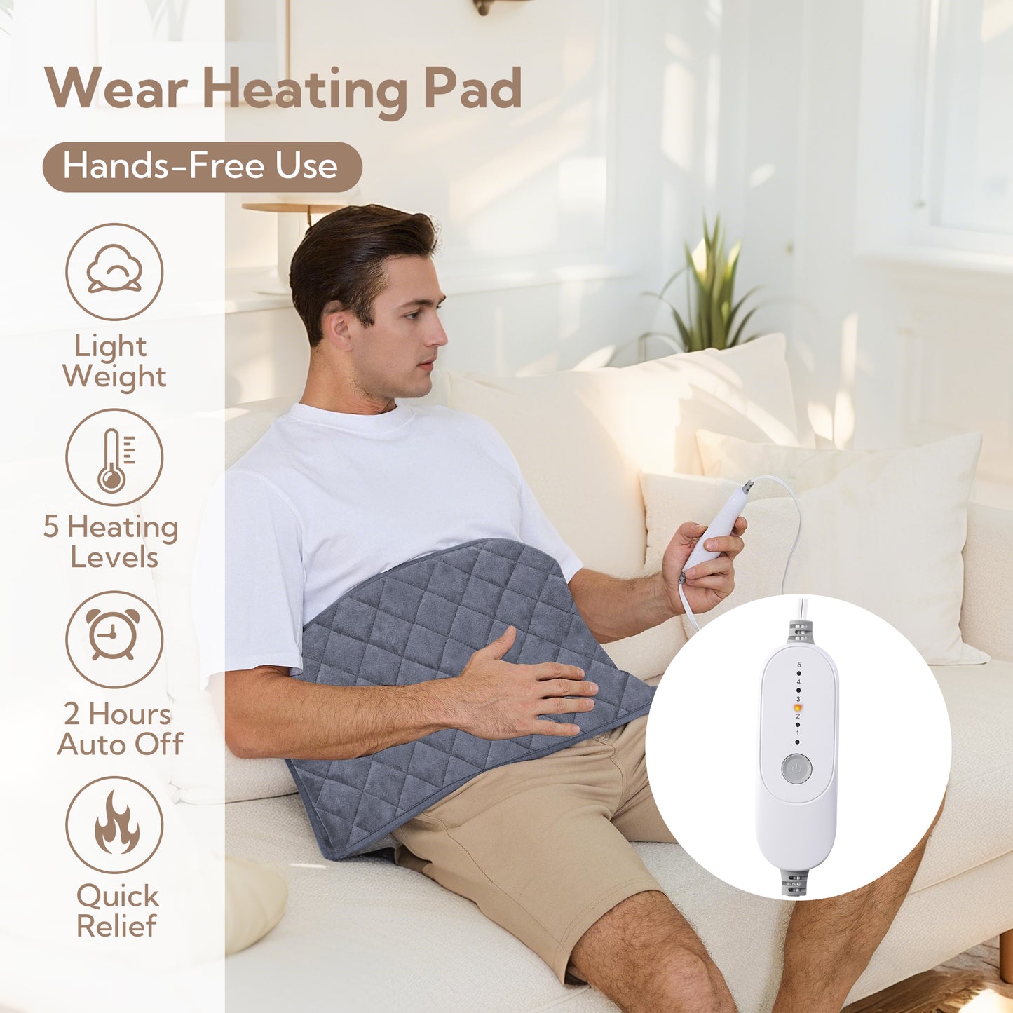 SUNNY HEAT 20x35 Inches Gray Soft Flannel Corded Electric Heating Pad - Relieve Body Aches & Pains (1 Piece)