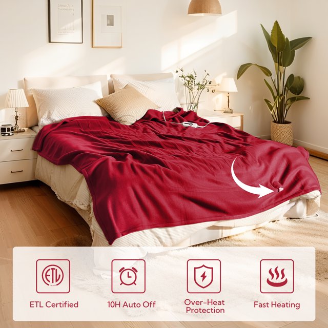 Heated Electric Blanket Twin Size 62''*84''-With 4 Heat Levels & 10 Hours Auto Off， Fast Heating Over-Heat Protection,Simple and Beautiful，Garnet