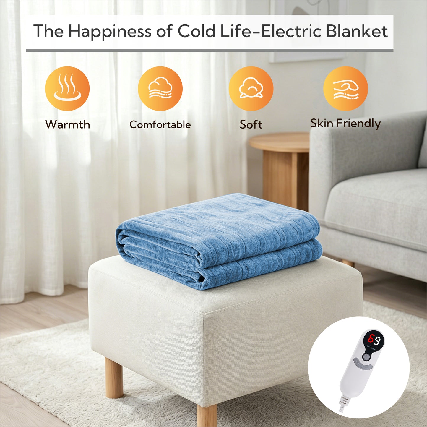 SUNNY HEAT Electric Heated Blanket Queen Size 84" x 90" Soft Flannel with 9 Levels Heating & 10Hs Auto off, Dual Controllers, Machine Washable, Blue Grey