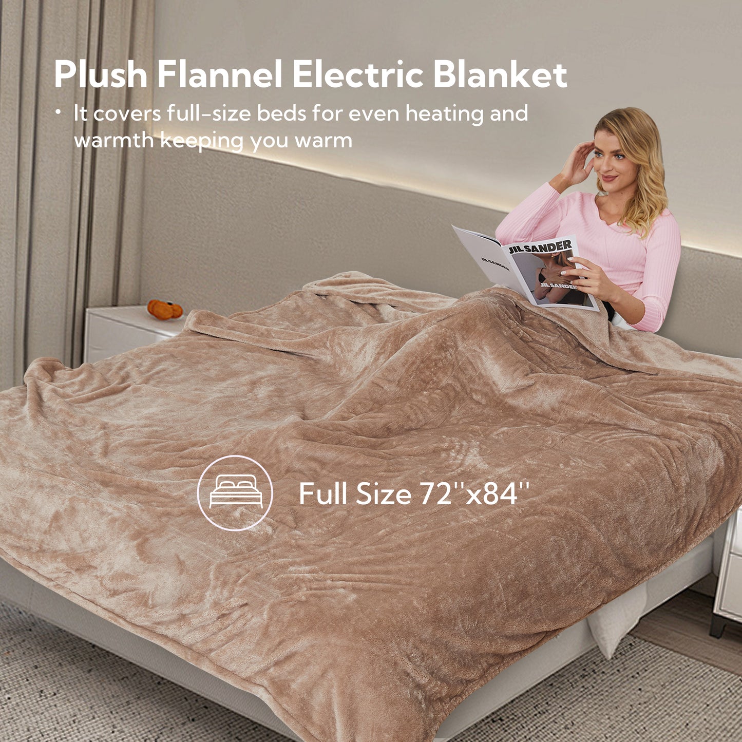 Electric Heated Blanket 72'' x 84'', Soft and Lightweight Plush Double-Sided Flannel Electric Blanket, Camel