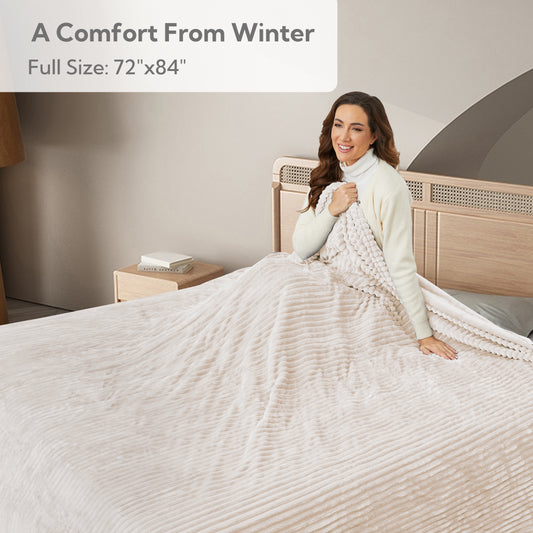 SUNNY HEAT Heated Electric Blanket Ribbed Flannel 72"x84" Full Size - 10 Heating Settings & 2/4/6/8/10/12 Hours Auto off, Thick and Warm Washable - White
