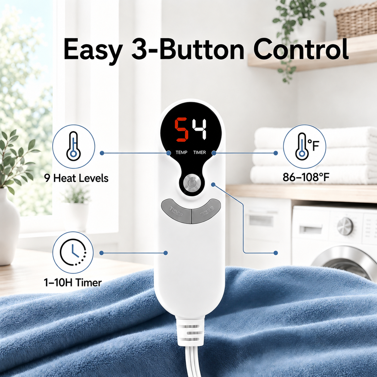 SUNNY HEAT Electric Blanket Heated Throw 50" x 60" -Fast Heating 9 Levels & 10H Auto off, Warm Soft Fannel Machine Washable, for Bed/Couch/Office, Blue Gray