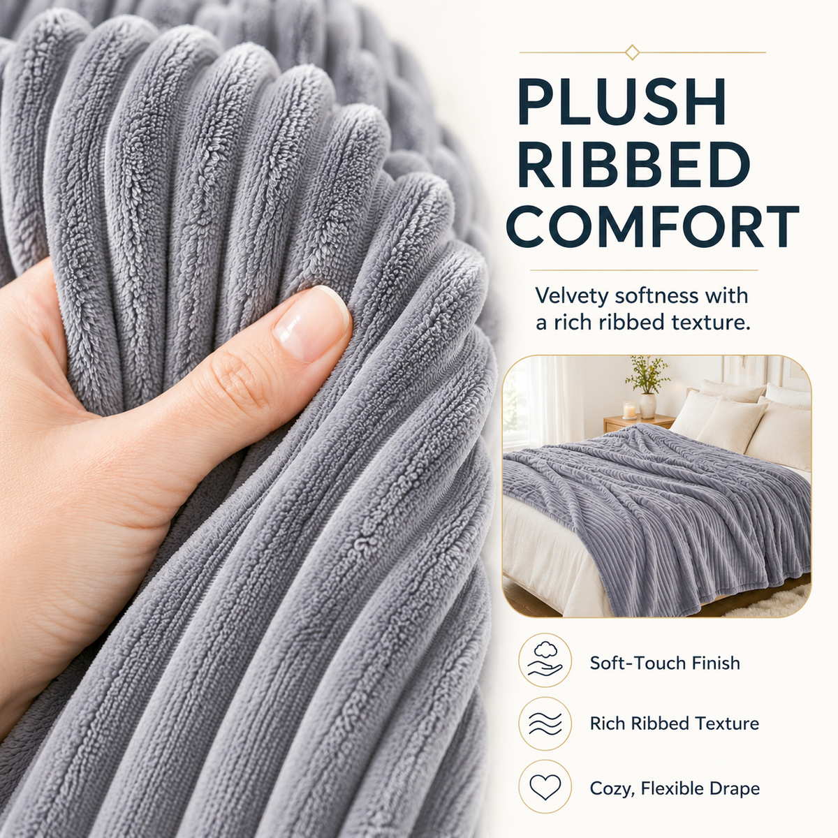 SUNNY HEAT Heated Electric Blanket Ribbed Flannel 84"x90" Queen Size - 10 Heating Settings & 2/4/6/8/10/12 Hours Auto off, Quick Heating Washable - Grey